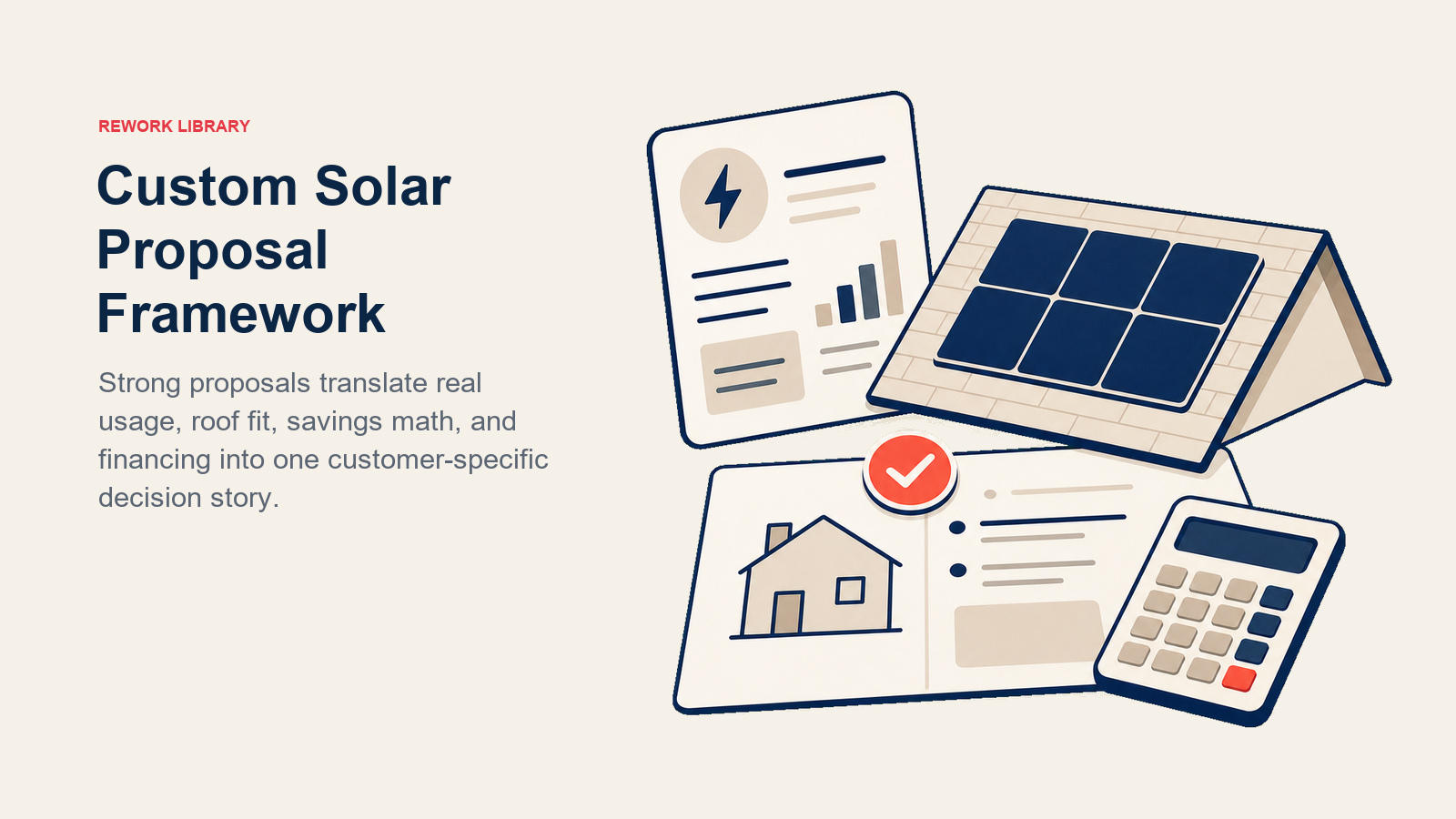 Custom Solar Proposal Framework shown as proposal workbench with a utility bill, roof plane, and savings calculator