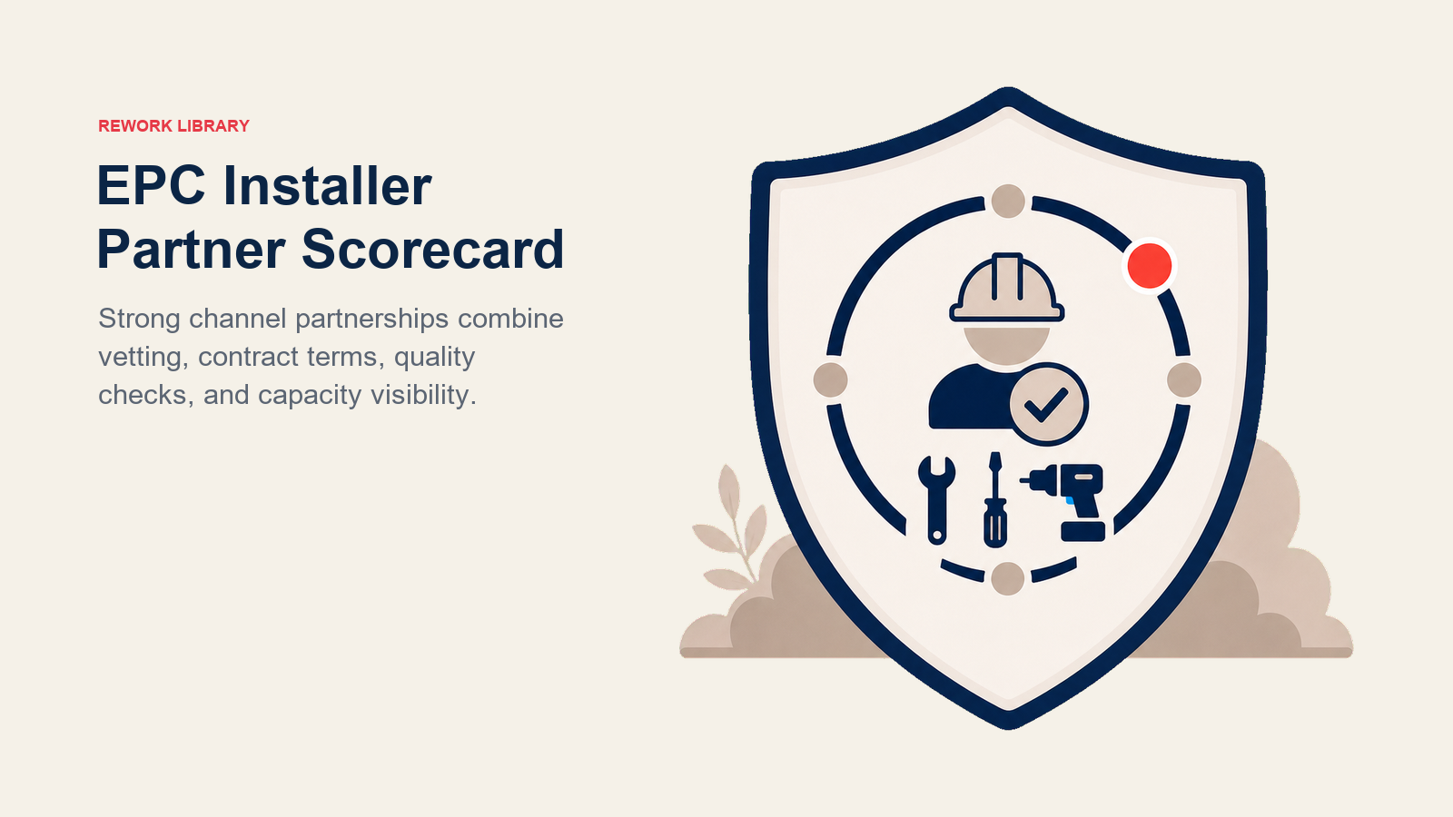 EPC Installer Partner Scorecard shown as installer quality shield with timeline gauge and tool marks