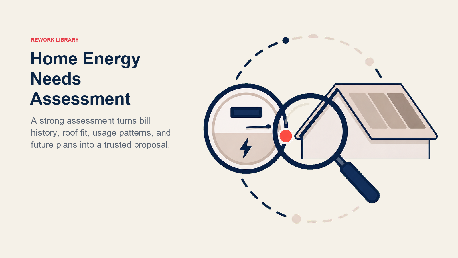 Avaliação das Necessidades Energéticas da Residência mostrada como uma lente de inspeção sobre um medidor de energia e o contorno de um telhado