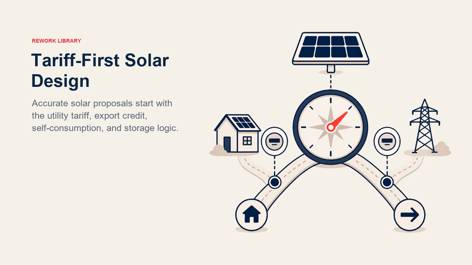 Tariff-First Solar Design shown as tariff compass steering solar production between grid export and home use
