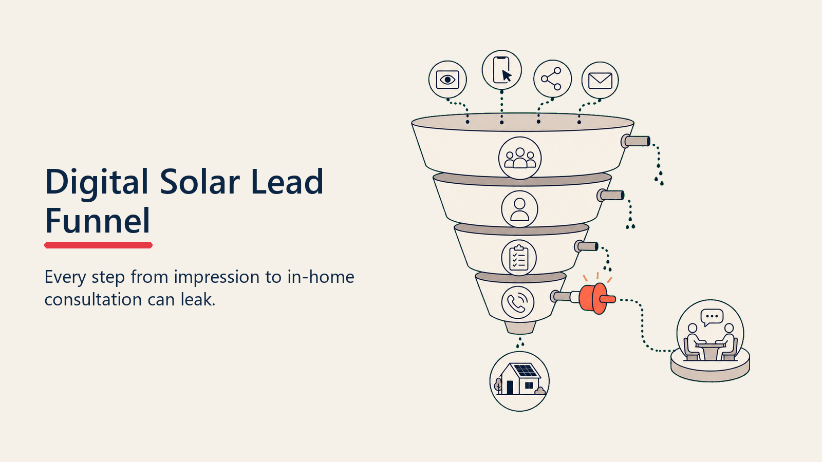 Funnel Digital de Leads Solares representado como un mapa de fugas del funnel digital