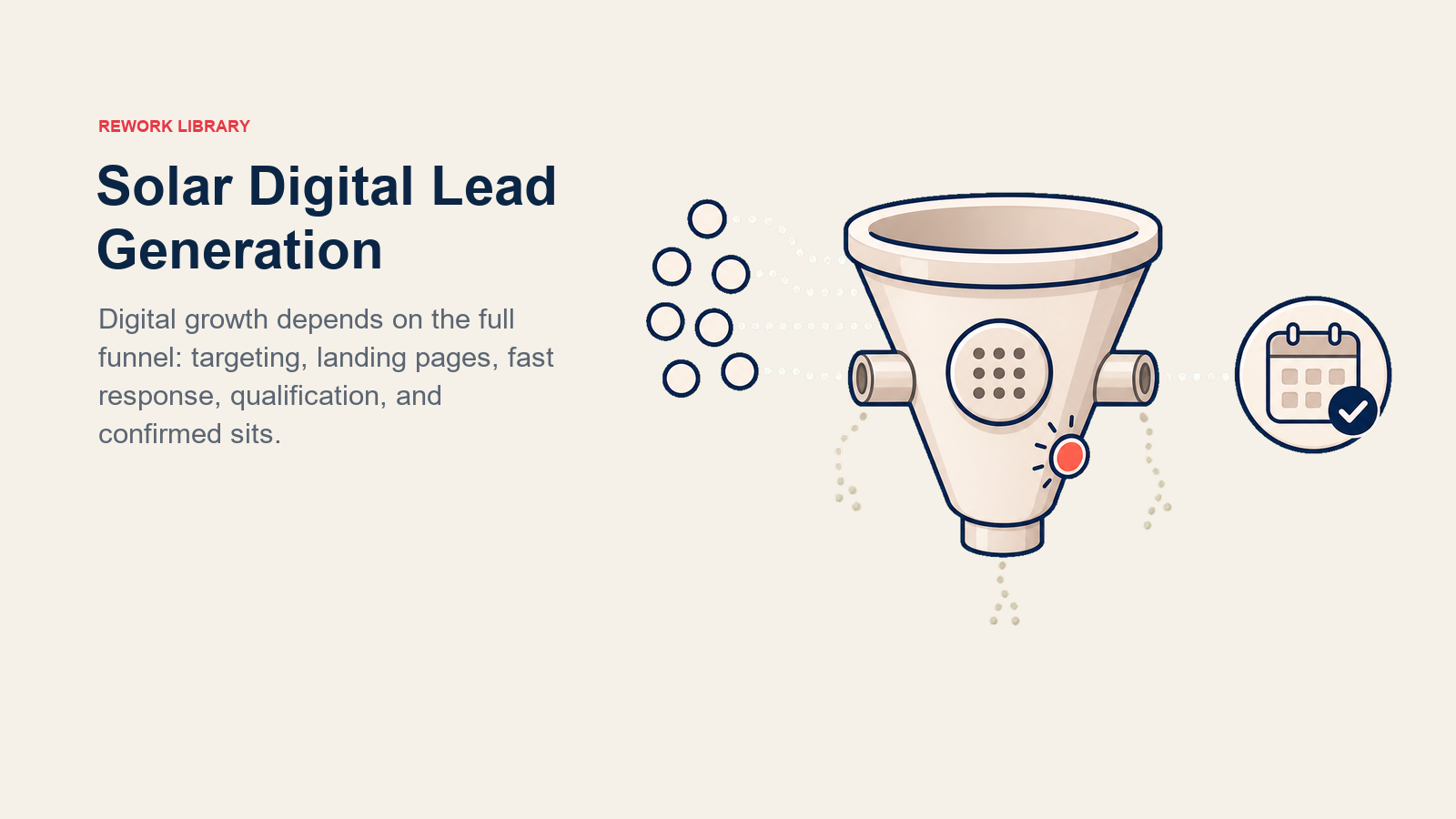 Generación Digital de Leads Solares representada como un funnel digital de leads con sellos para fugas
