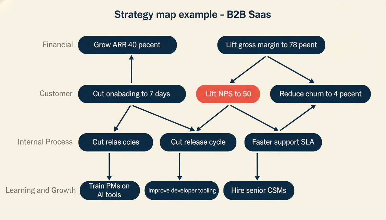 Strategy map example for a B2B SaaS company showing cause and effect arrows from learning to financial