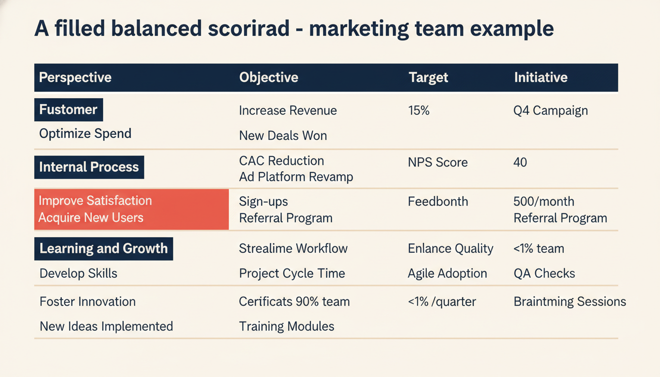 Filled balanced scorecard for a marketing team showing objectives KPIs targets and initiatives across four perspectives