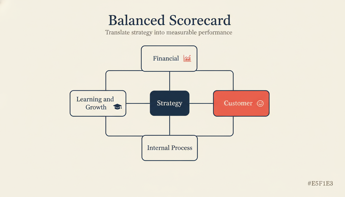 Balanced Scorecard Framework illustrated by a compass-like four-petal scorecard surrounding one coral strategy hub