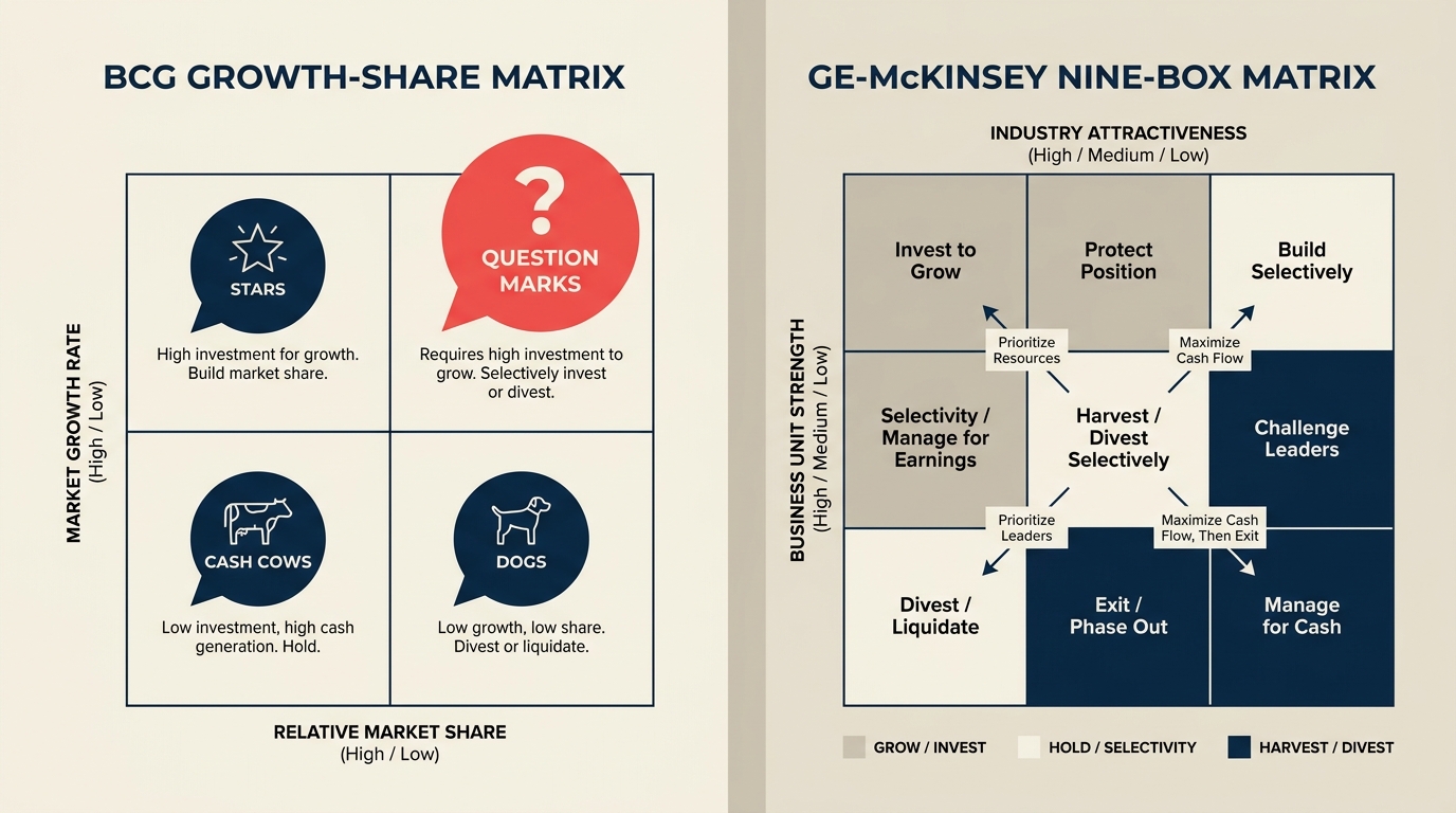 ポートフォリオ分析用にBCGの2x2マトリクスとGE-McKinseyの3x3マトリクスを並べた図