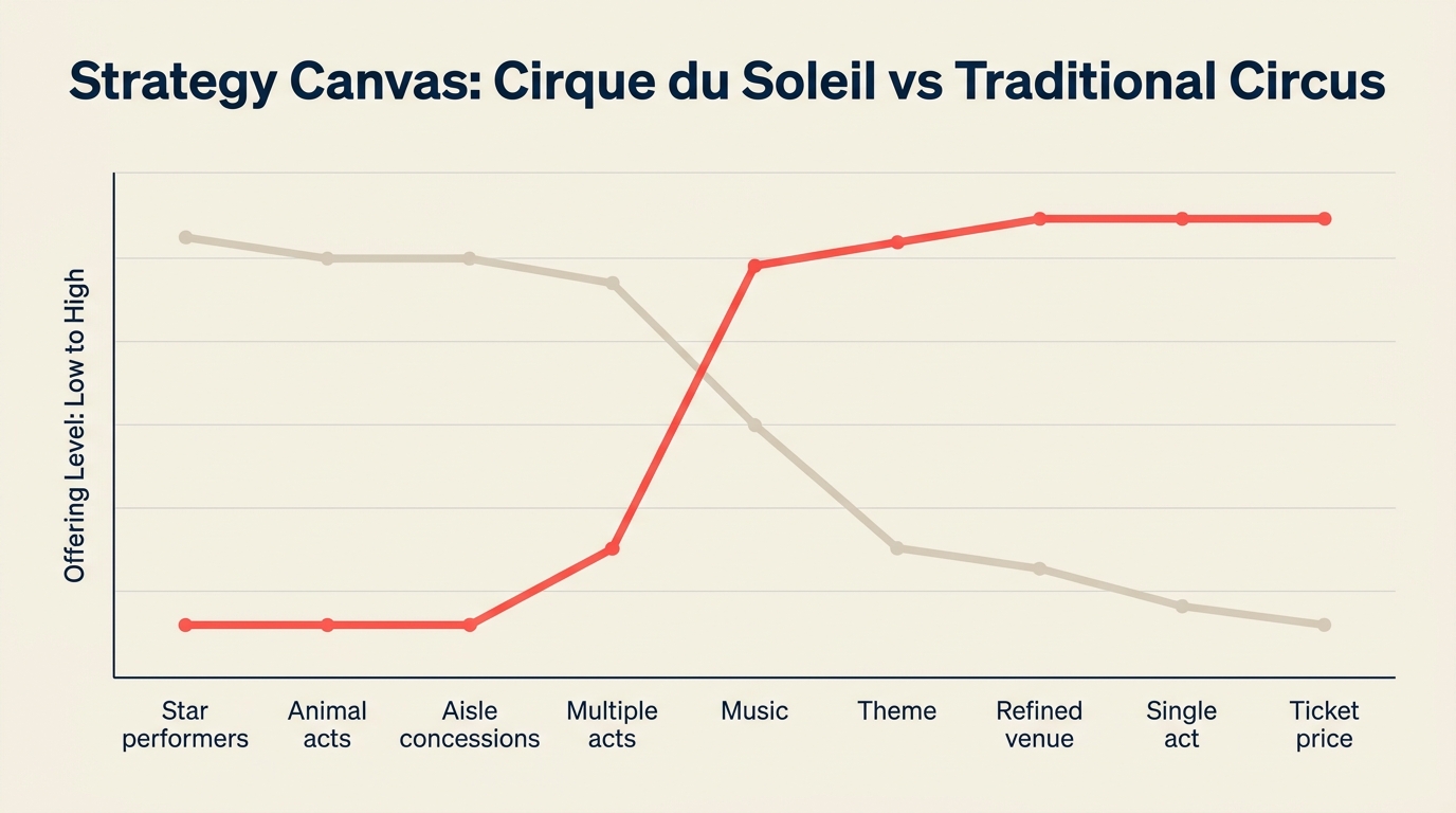 Strategy canvas comparing Cirque du Soleil to traditional circuses across nine factors