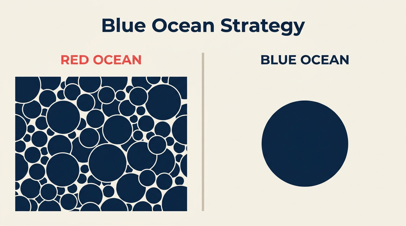 What Is Blue Ocean Strategy? shown as coral vessel leaving crowded fleet.