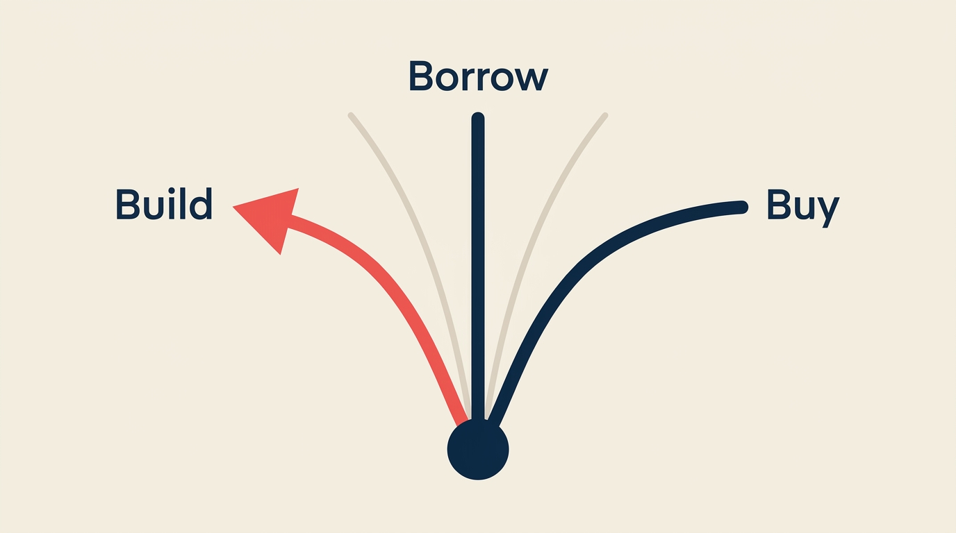 Build, Borrow, or Buy illustrated by a three-way workshop junction with a crafted tool, handshake bridge, and acquired key