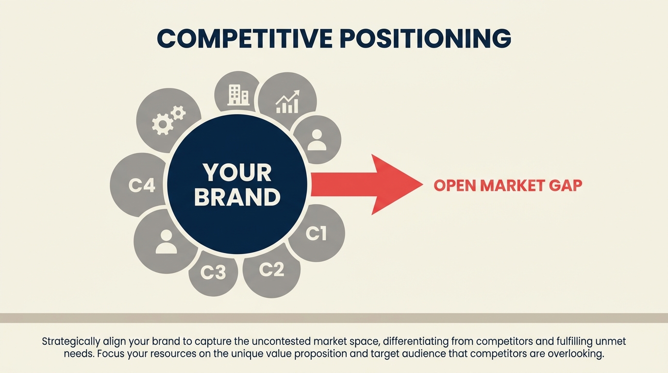 Competitive Positioning illustrated with a brand marker occupying a clear open niche inside a crowded perceptual field, seen through a precise positioning lens
