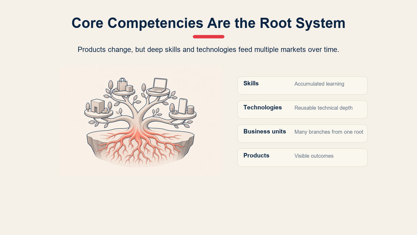 Core competency root system showing skills and technologies feeding multiple products.