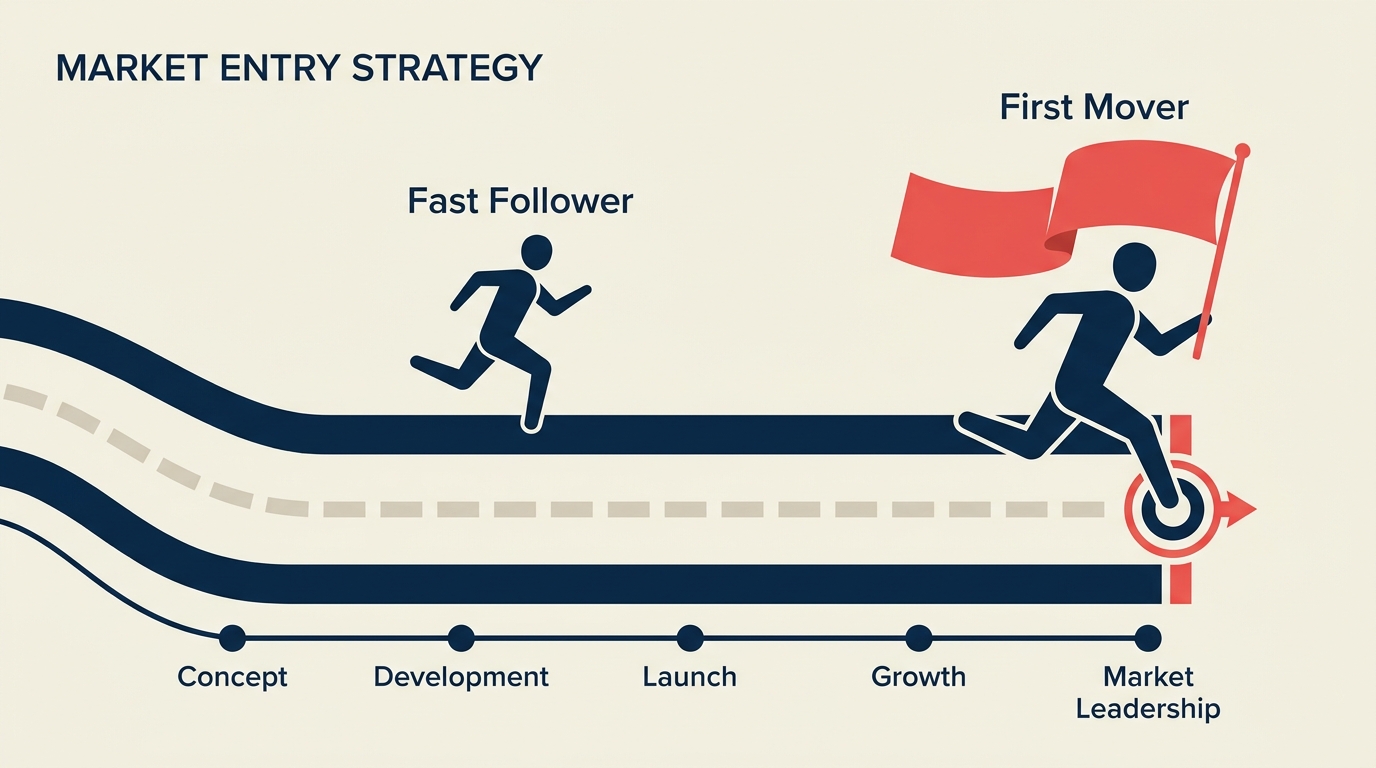 First-Mover Advantage illustrated with a leading marker claiming scarce gates along a track while a fast follower closes behind, with one coral gate locked