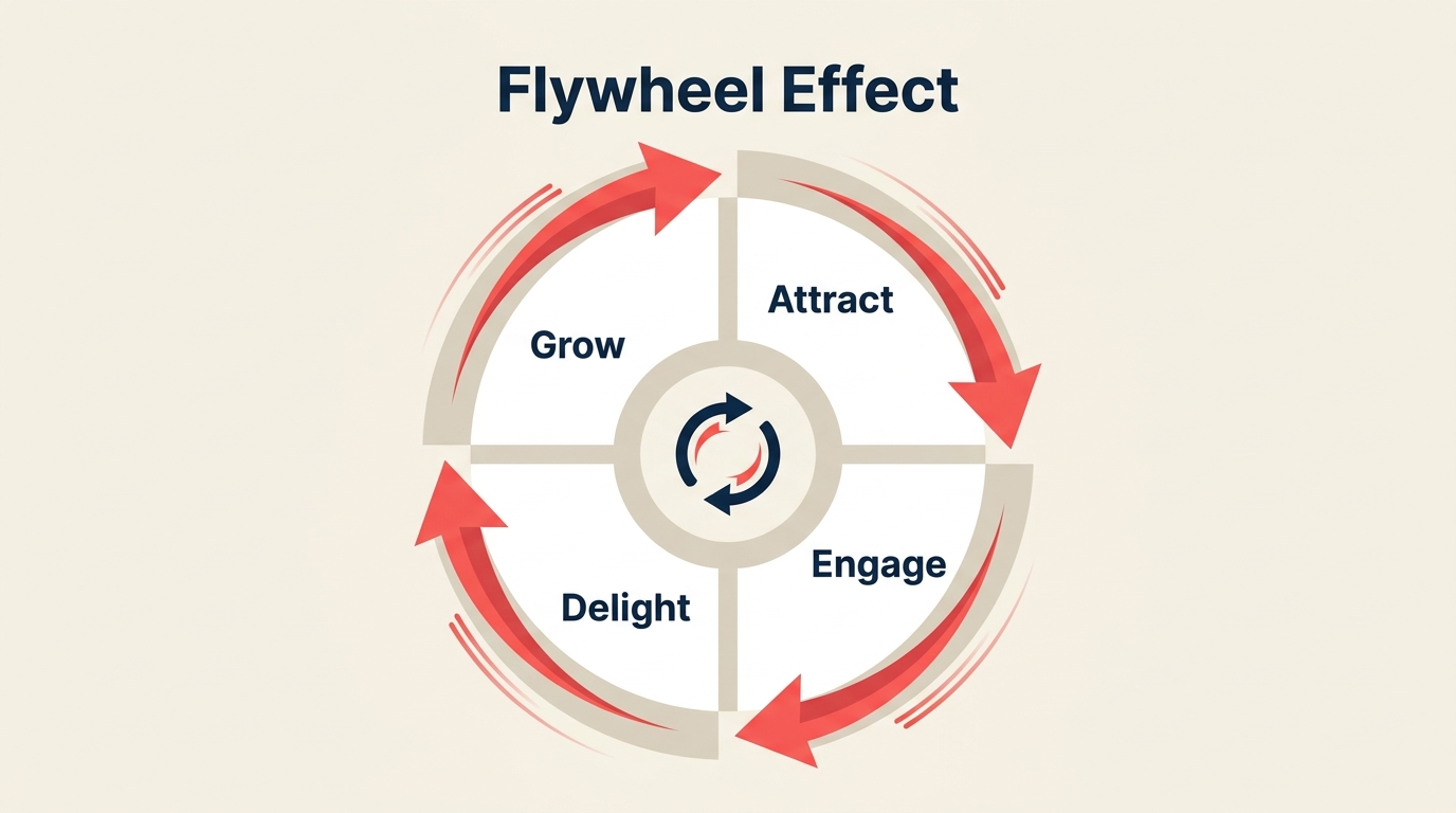 Flywheel-Effekt-Kreisdiagramm zeigt kumulative Unternehmens-Wachstumsphasen