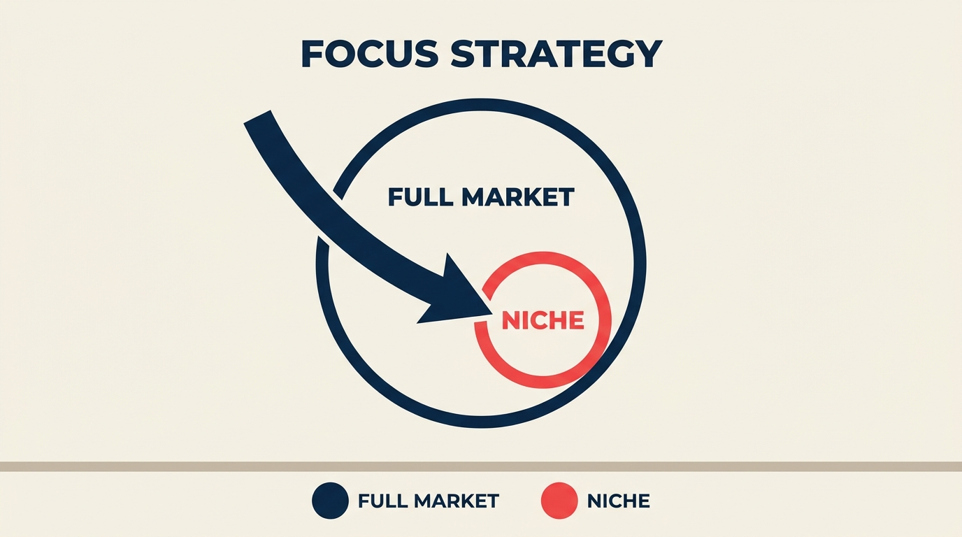 Focus strategy spotlight isolating a profitable niche within a broad market