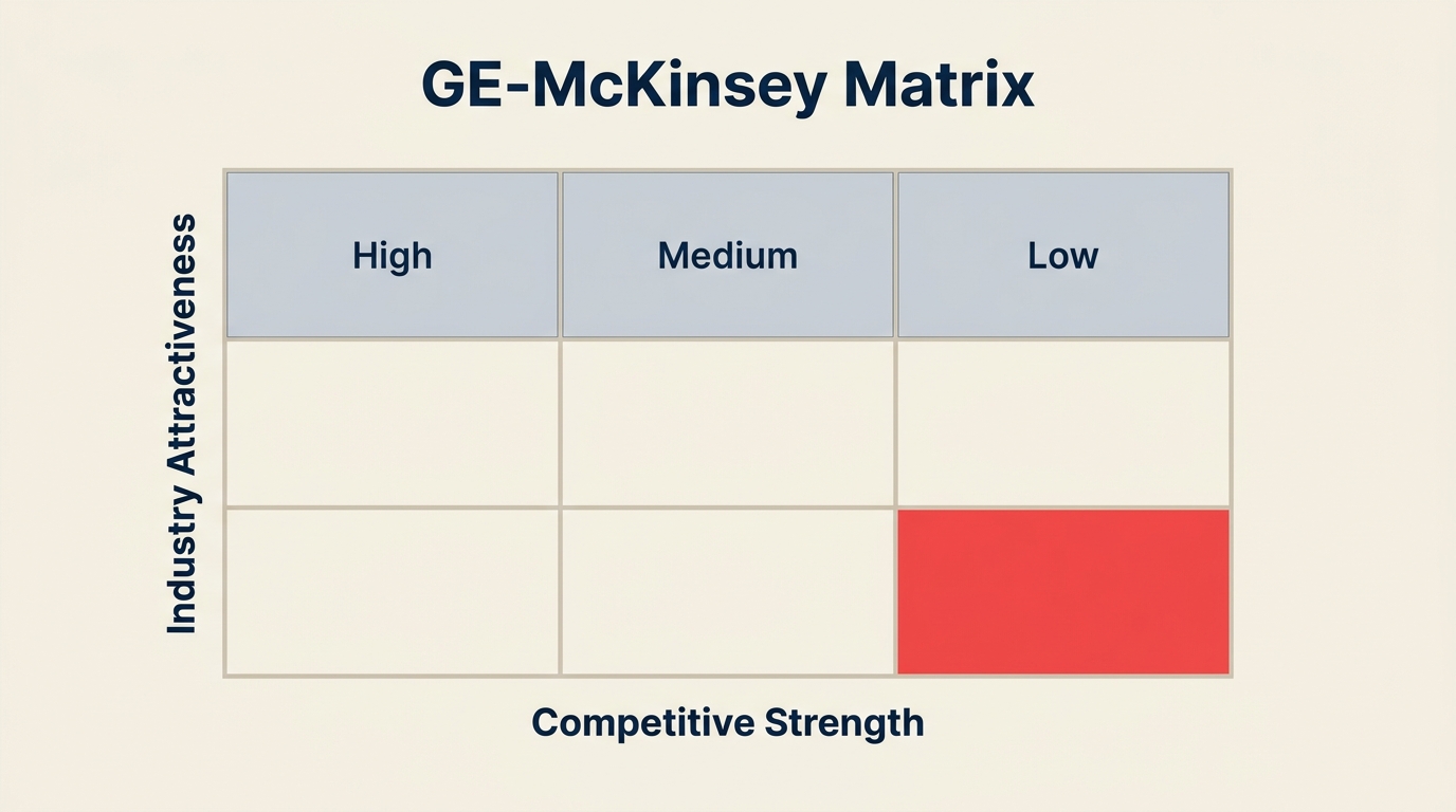 GE-McKinsey Matrix: The recognizable nine-cell matrix immediately communicates portfolio prioritization.