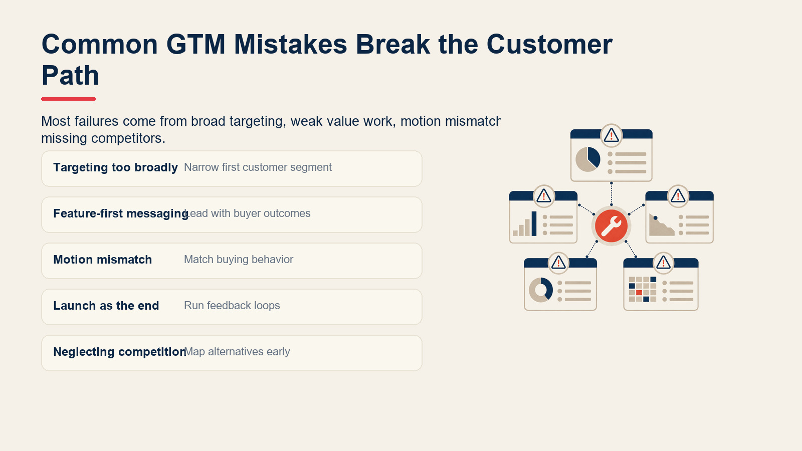 Common go-to-market mistakes including broad targeting, weak messaging, and motion mismatch.