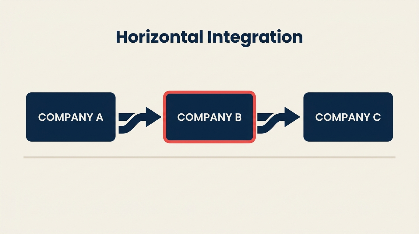 What Is Horizontal Integration? shown as two peer platforms joining into one wider platform