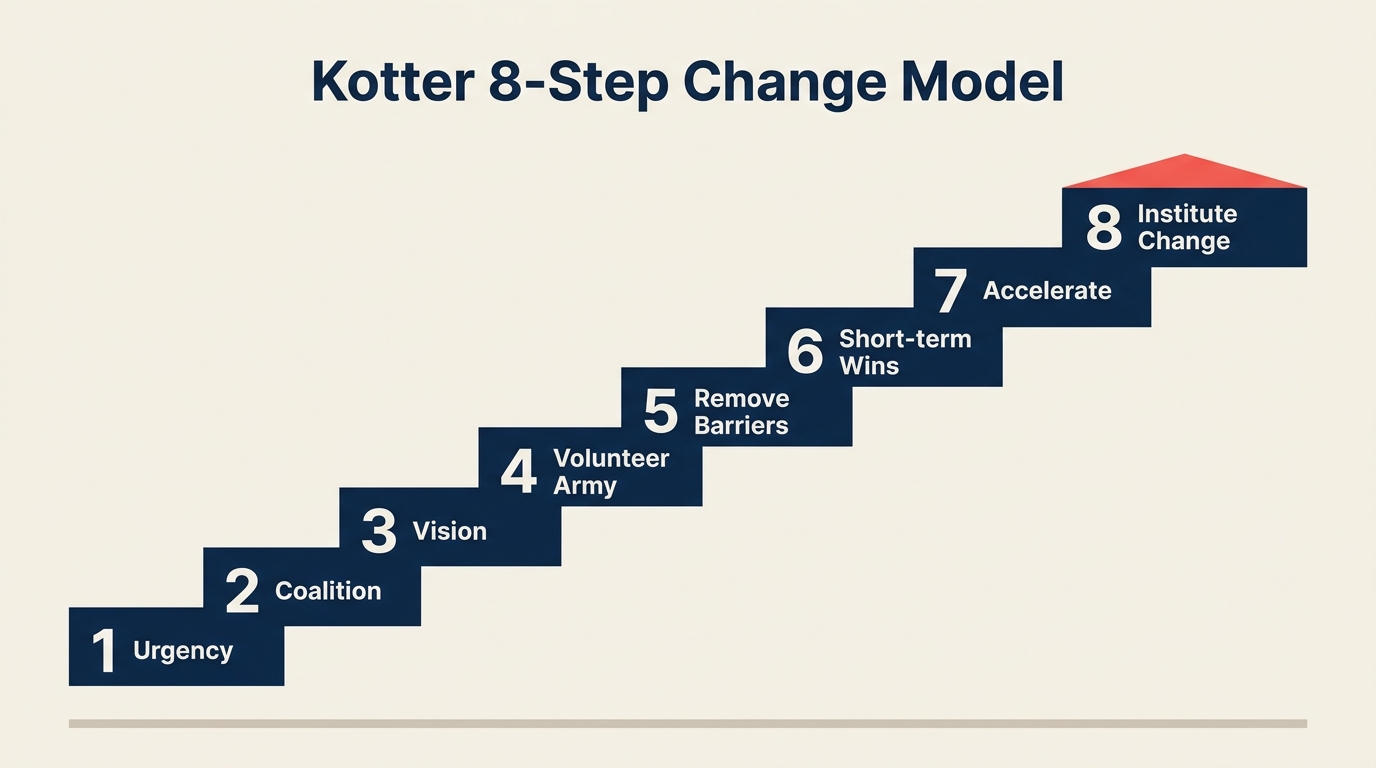 Kotter eight-step change staircase from urgency to lasting culture