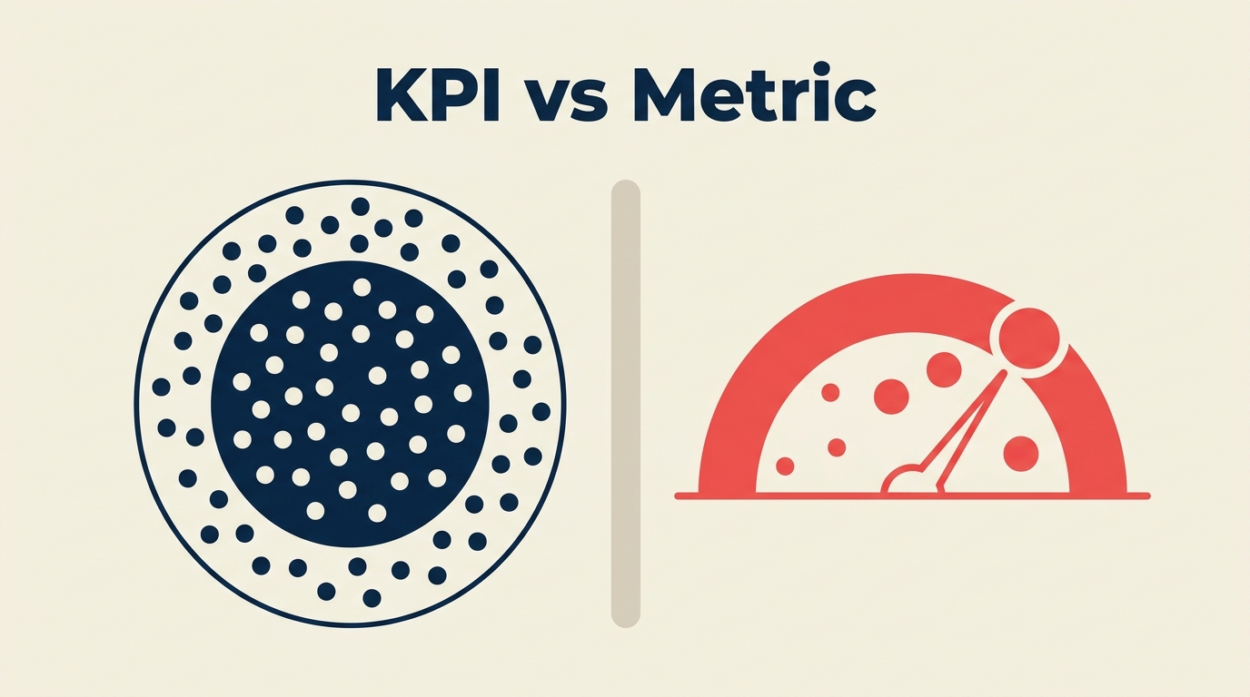 KPI versus métrica representado como muitas métricas se estreitando em poucos KPIs
