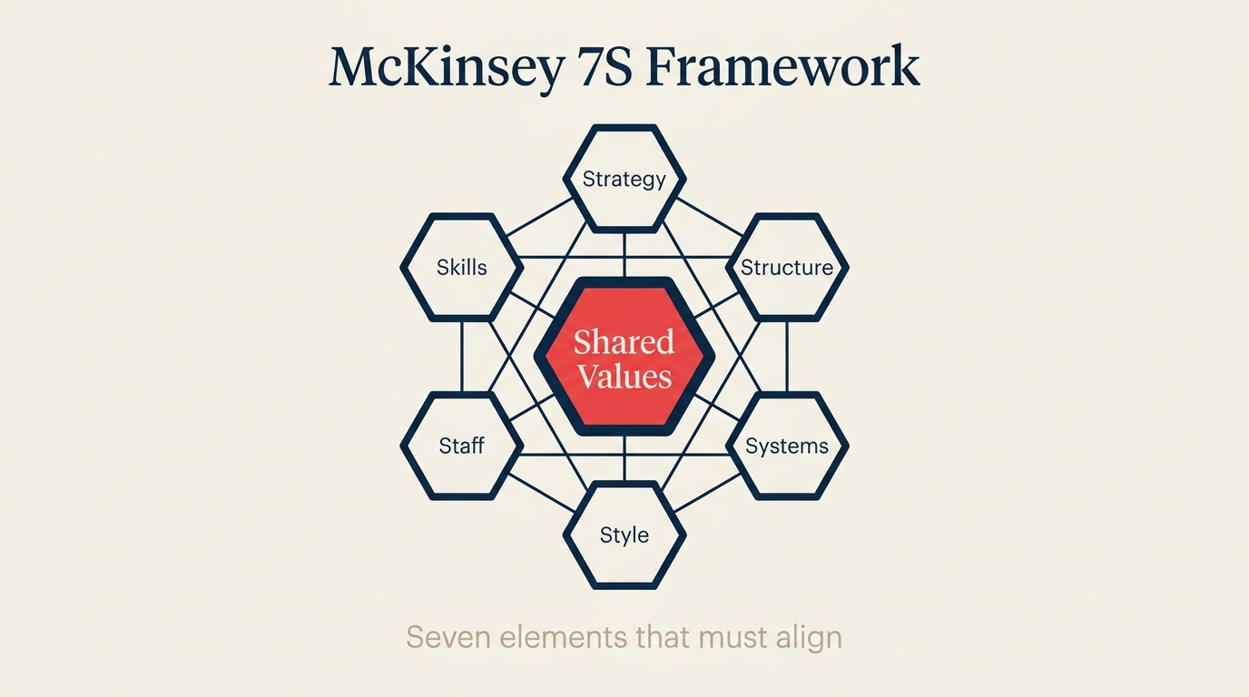 McKinsey 7S framework shown as seven connected organizational elements
