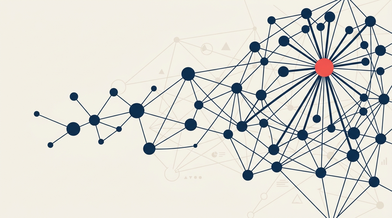 What Are Network Effects? illustrated by a small network seed expanding into a broad self-reinforcing ring around one coral connection