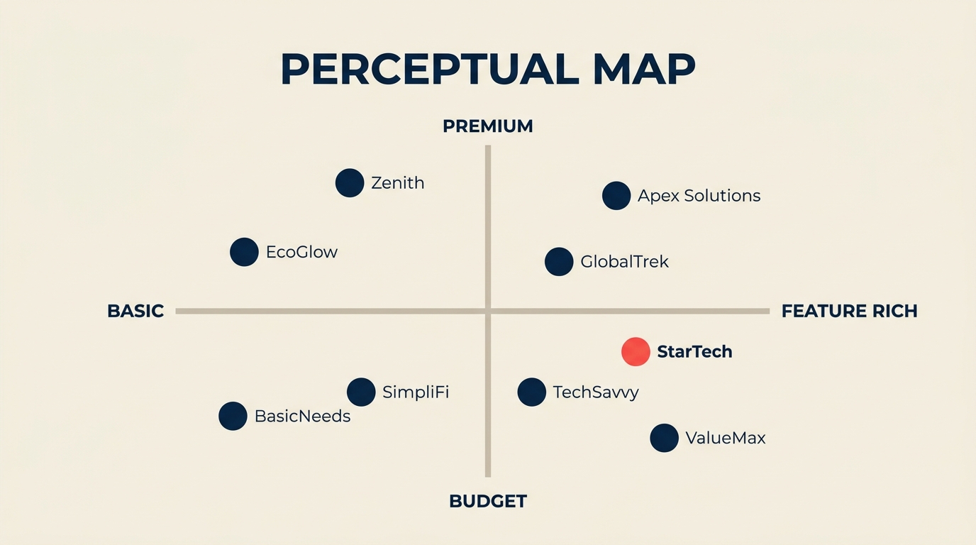 Perceptual Mapping illustrated with a compact two-axis map with several brand tokens clustered in one area and one clear coral opportunity space
