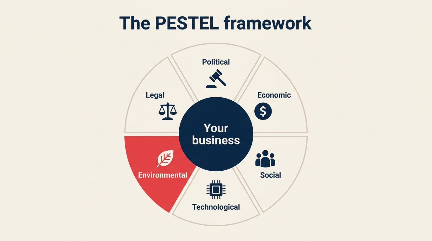 PESTEL-Framework-Rad: politische, wirtschaftliche, soziale, technologische, ökologische, rechtliche Faktoren rund um ein zentrales Unternehmen