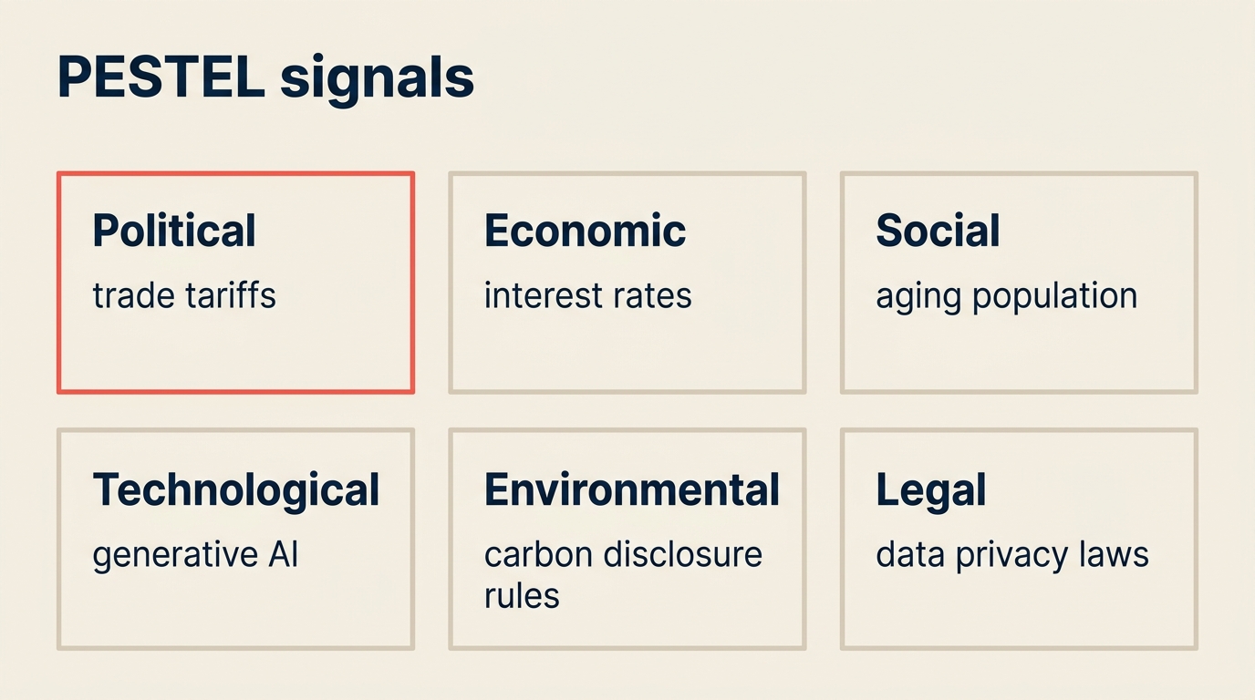 Jeder PESTEL-Faktor mit Beispielsignalen: Regulierung, Zinssätze, Demografie, KI, Klima, Compliance