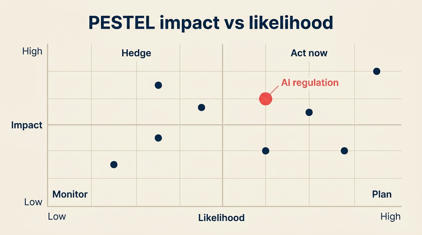 PESTEL Impact vs. Wahrscheinlichkeits-Bewertungsraster mit eingetragenen Beispielfaktoren