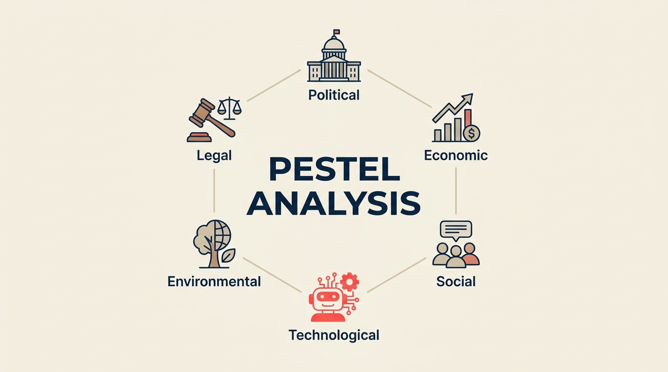 What Is PESTEL Analysis? shown as six-petal PESTEL scanning lens