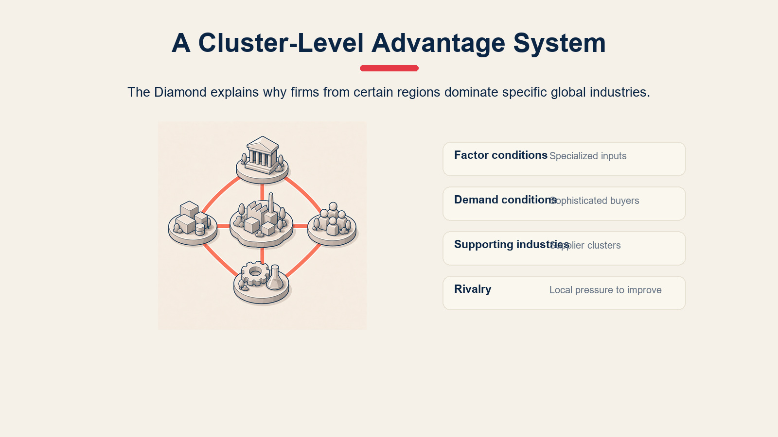 Porter's Diamond Model as a cluster-level advantage system with four determinants.