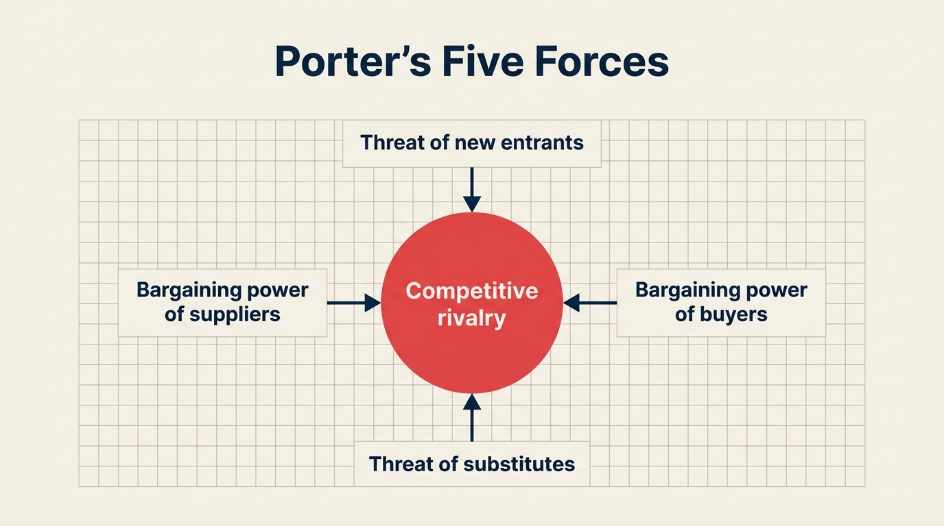 Porter's Five Forces Diagramm: Rivalität im Zentrum, Lieferantenmacht, Abnehmermacht, Bedrohung durch neue Wettbewerber, Bedrohung durch Ersatzprodukte drum herum