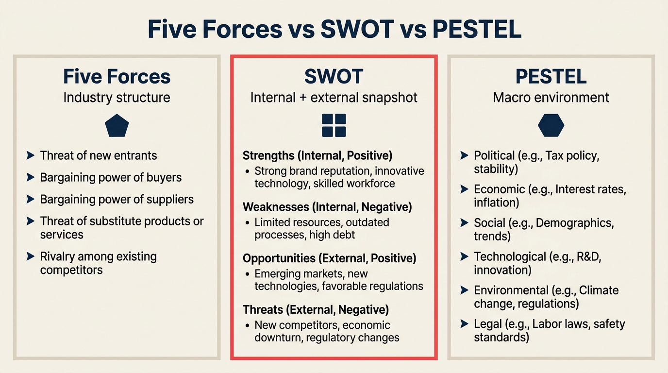 Porter's Five Forces vs. SWOT vs. PESTEL: externe Struktur vs. intern/externer Scan vs. Makroumfeld