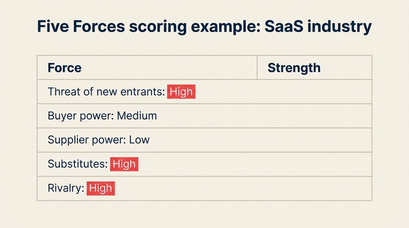 Porter's Five Forces Bewertungsraster Beispiel: SaaS-Branche mit jeder Kraft bewertet als niedrig/mittel/hoch
