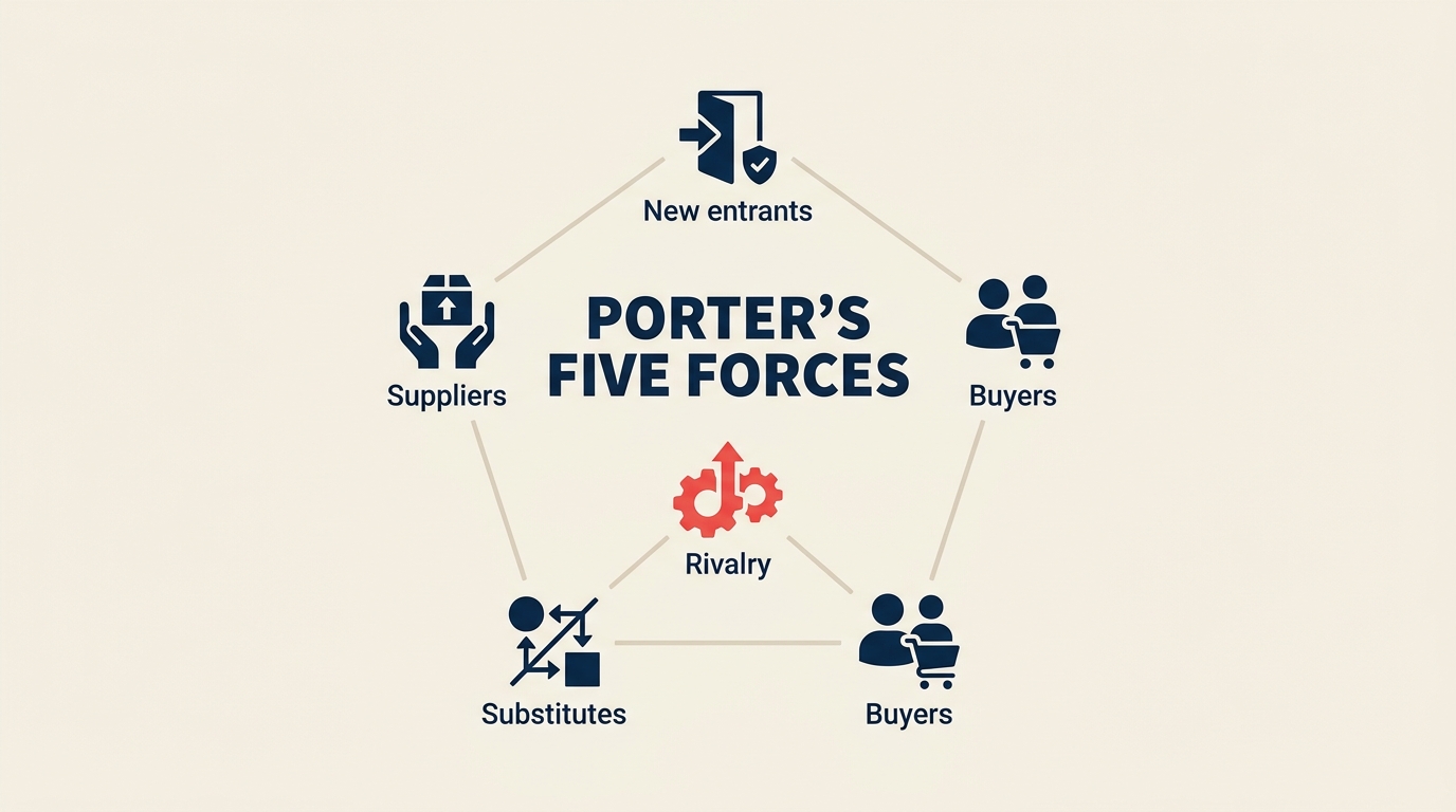 Porter’s Five Forces illustrated with a compact five-force pressure system with rivalry at the center and four directional forces pressing inward, one coral center point