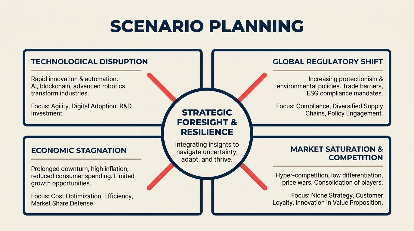 What Is Scenario Planning? shown as forking future roads viewed through a strategic compass