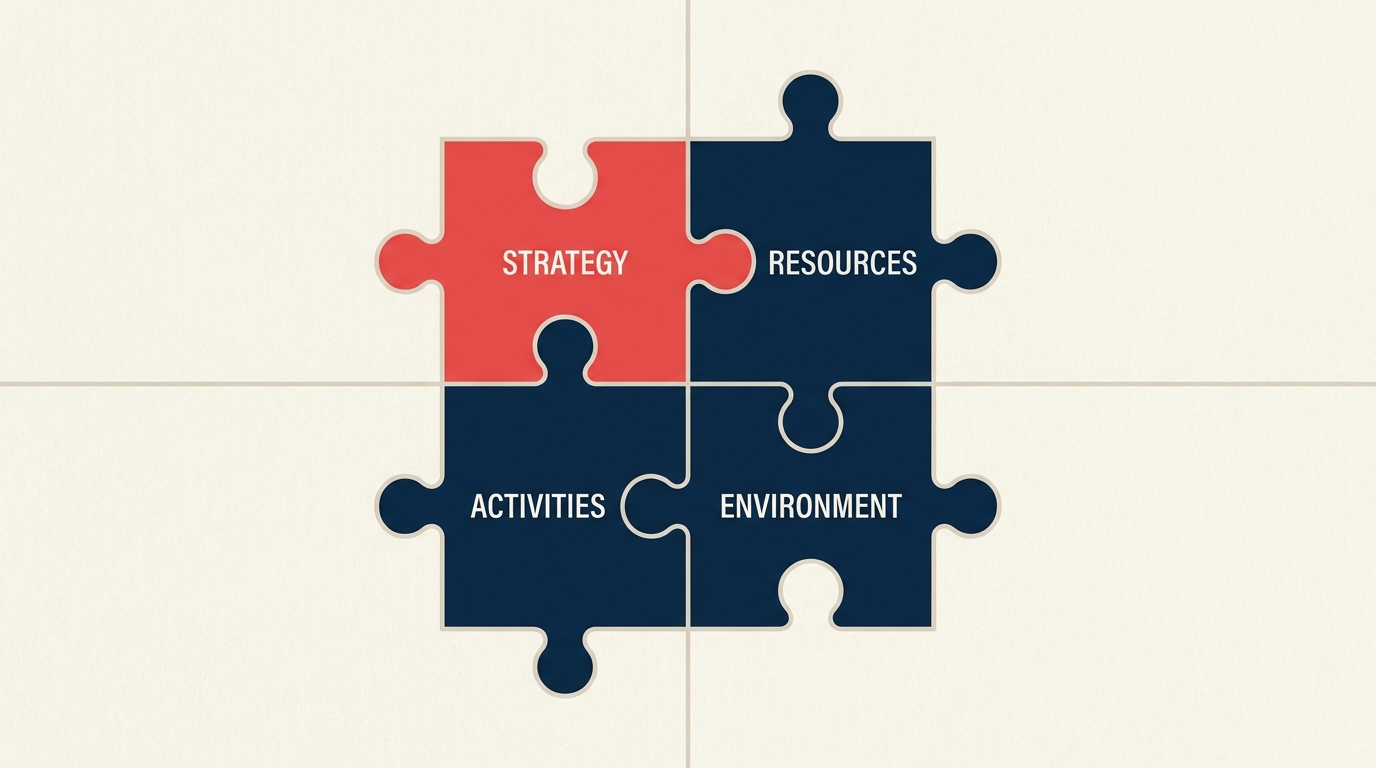 Diagrama de fit estratégico mostrando peças de quebra-cabeça interligadas com os rótulos Estratégia, Recursos, Atividades e Ambiente