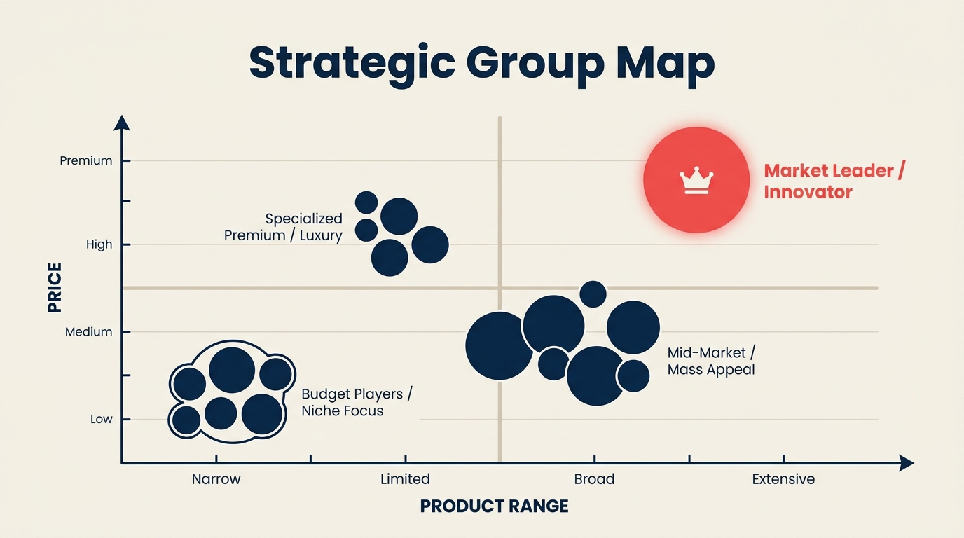 Strategic Group Map mit Wettbewerbern nach Preis und Produktumfang in Clustern