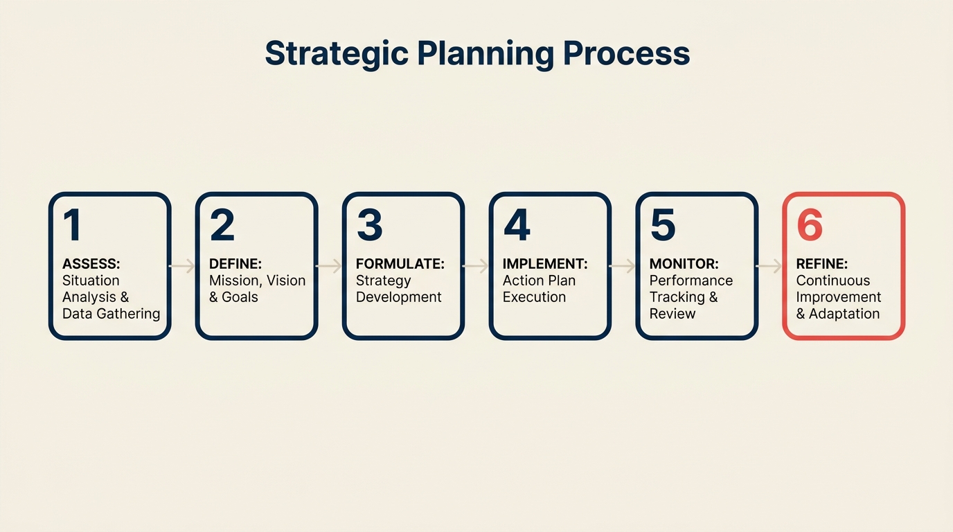 Sechsstufiger strategischer Planungsprozess als Flussdiagramm mit nummerierten Phasen von Mission bis Review