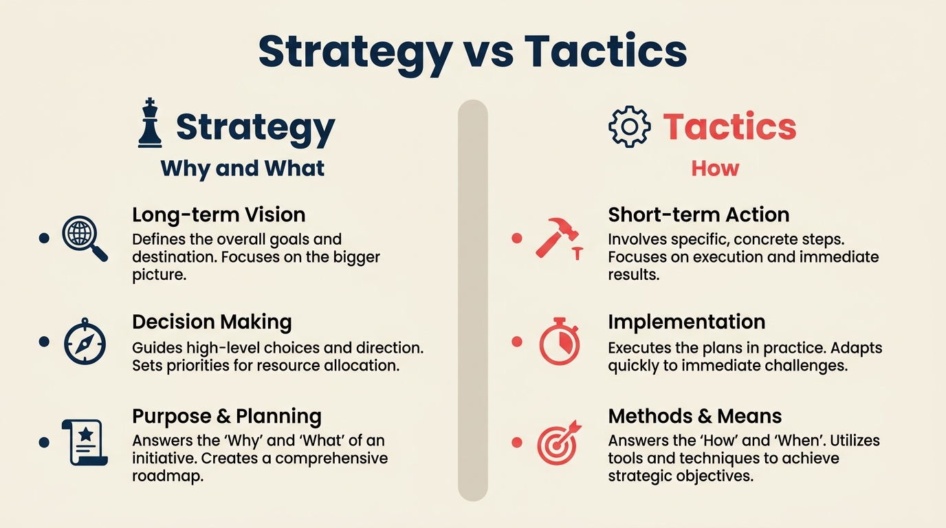 Strategy vs Tactics shown as compass route versus stepping stones.