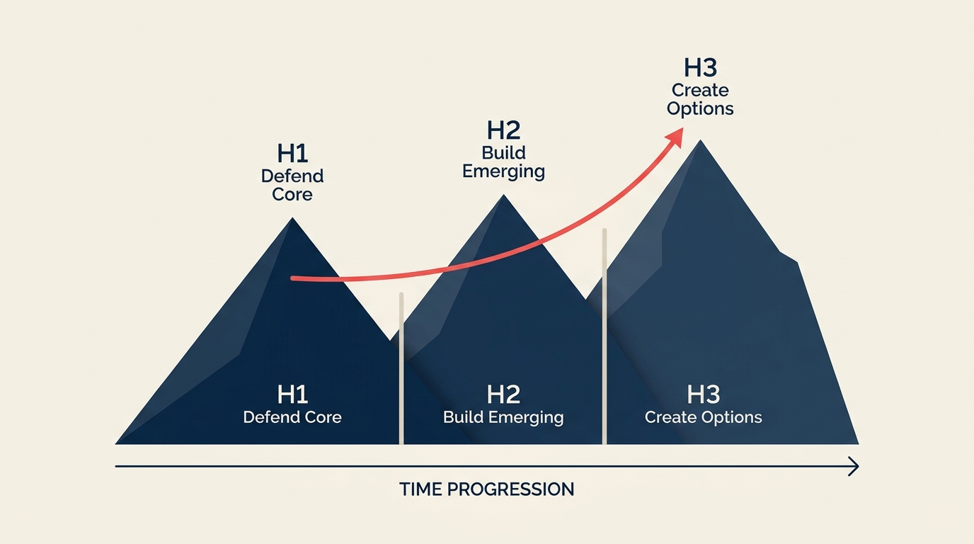 Three Horizons of Growth illustrated with three overlapping growth curves rising at different times, with the current core leading first and future option leading last