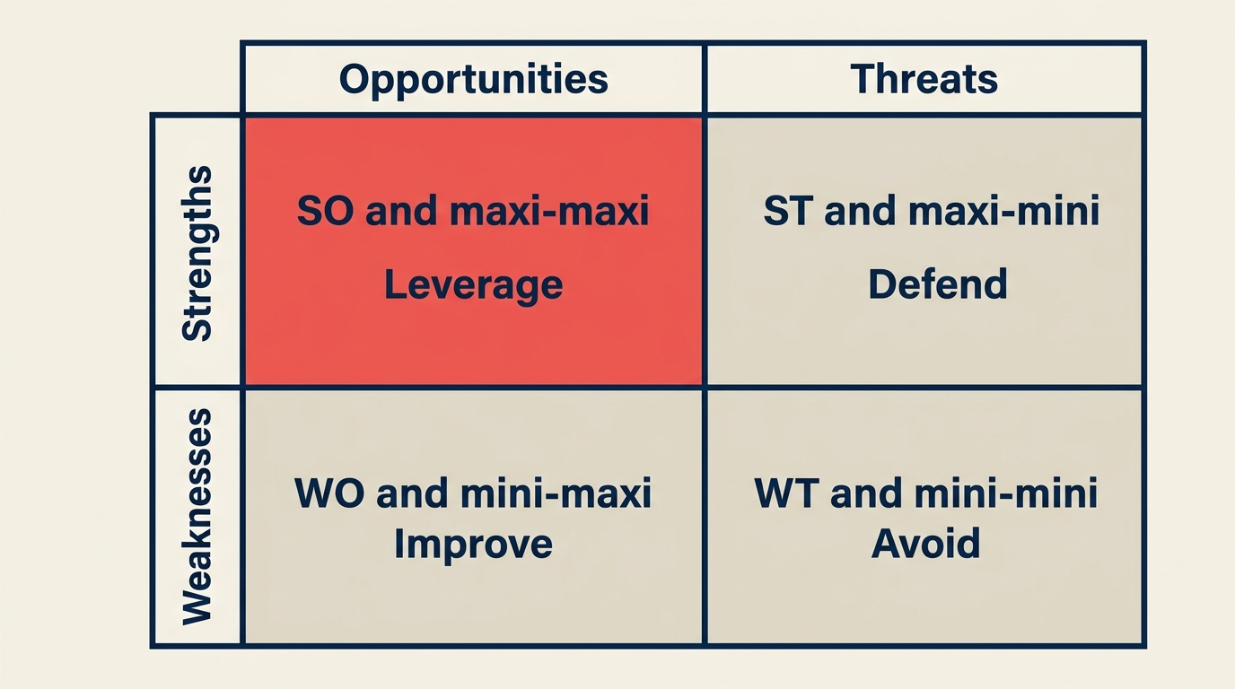 As quatro estratégias TOWS: quadrantes SO, WO, ST, WT