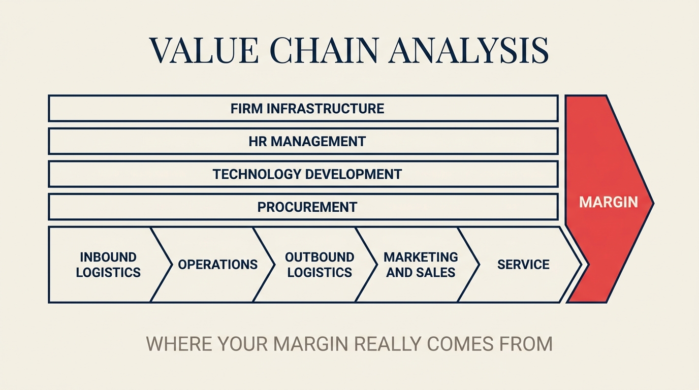 Value chain analysis lens revealing where activities create margin