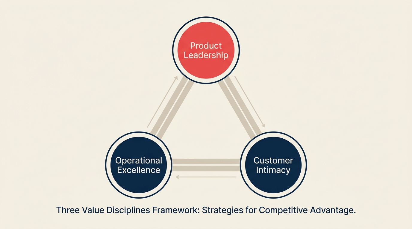 Segitiga kerangka value disciplines yang menampilkan Operational Excellence, Product Leadership, dan Customer Intimacy