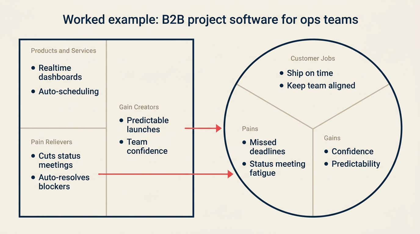Filled value proposition canvas example for a B2B project management software targeting operations teams