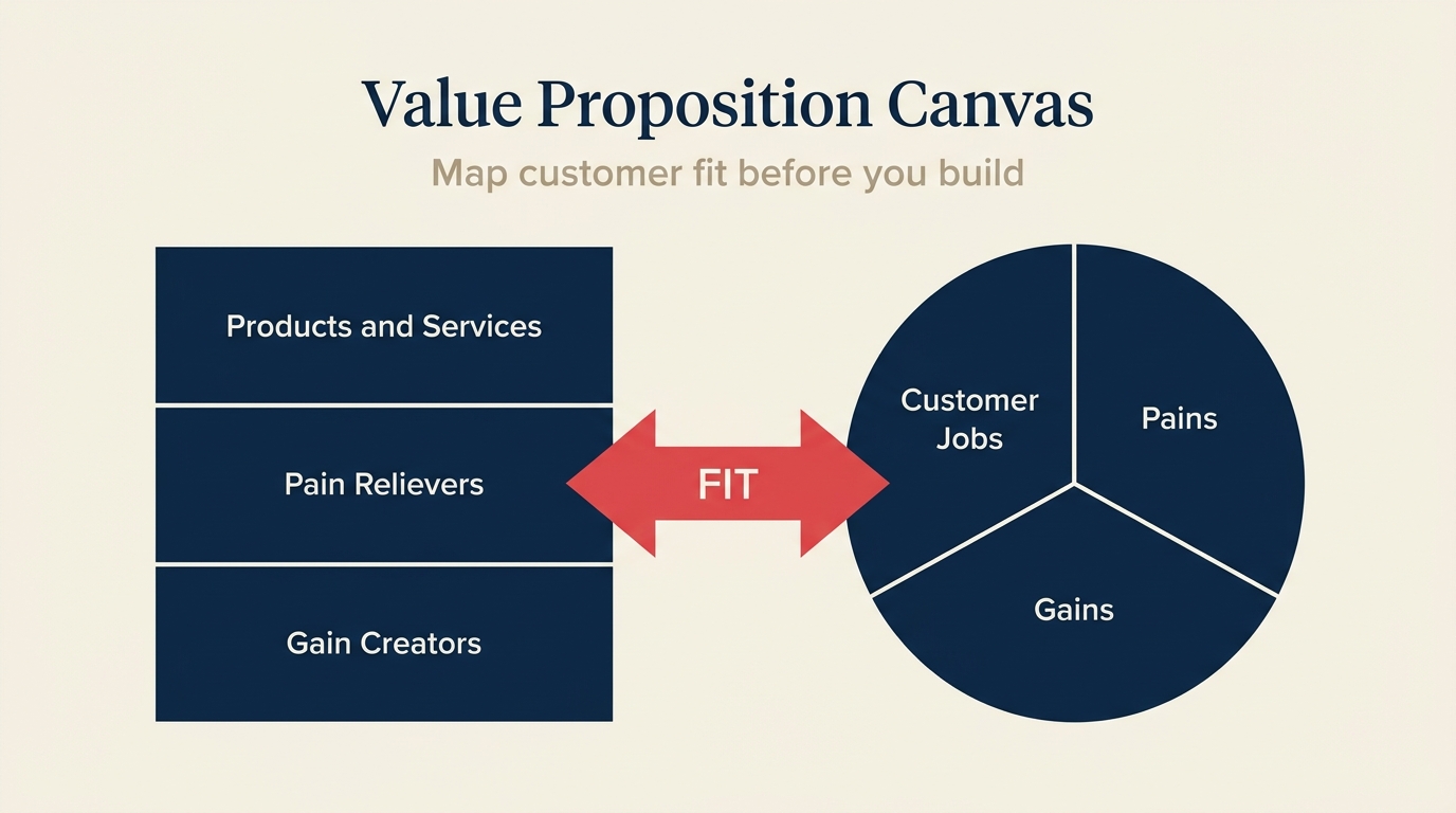 Value proposition canvas matching customer needs with a product value map