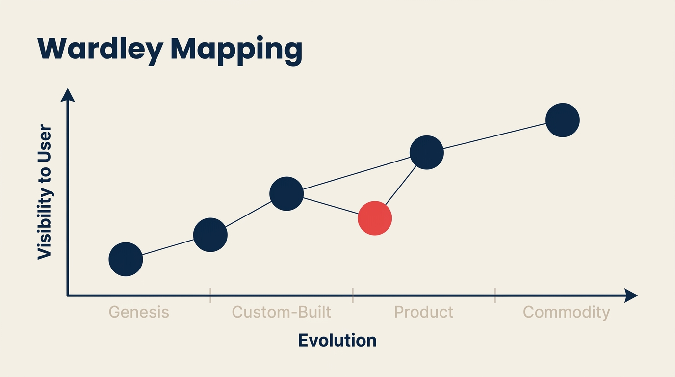 Diagrama de Wardley mapping mostrando um mapa estratégico de dois eixos com componentes em estágios de evolução