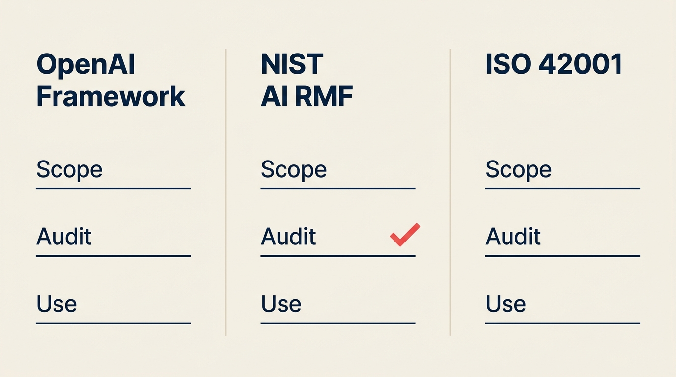 Matriz de decisão do Frontier Governance Framework da OpenAI para CTOs comparando NIST AI RMF e ISO 42001