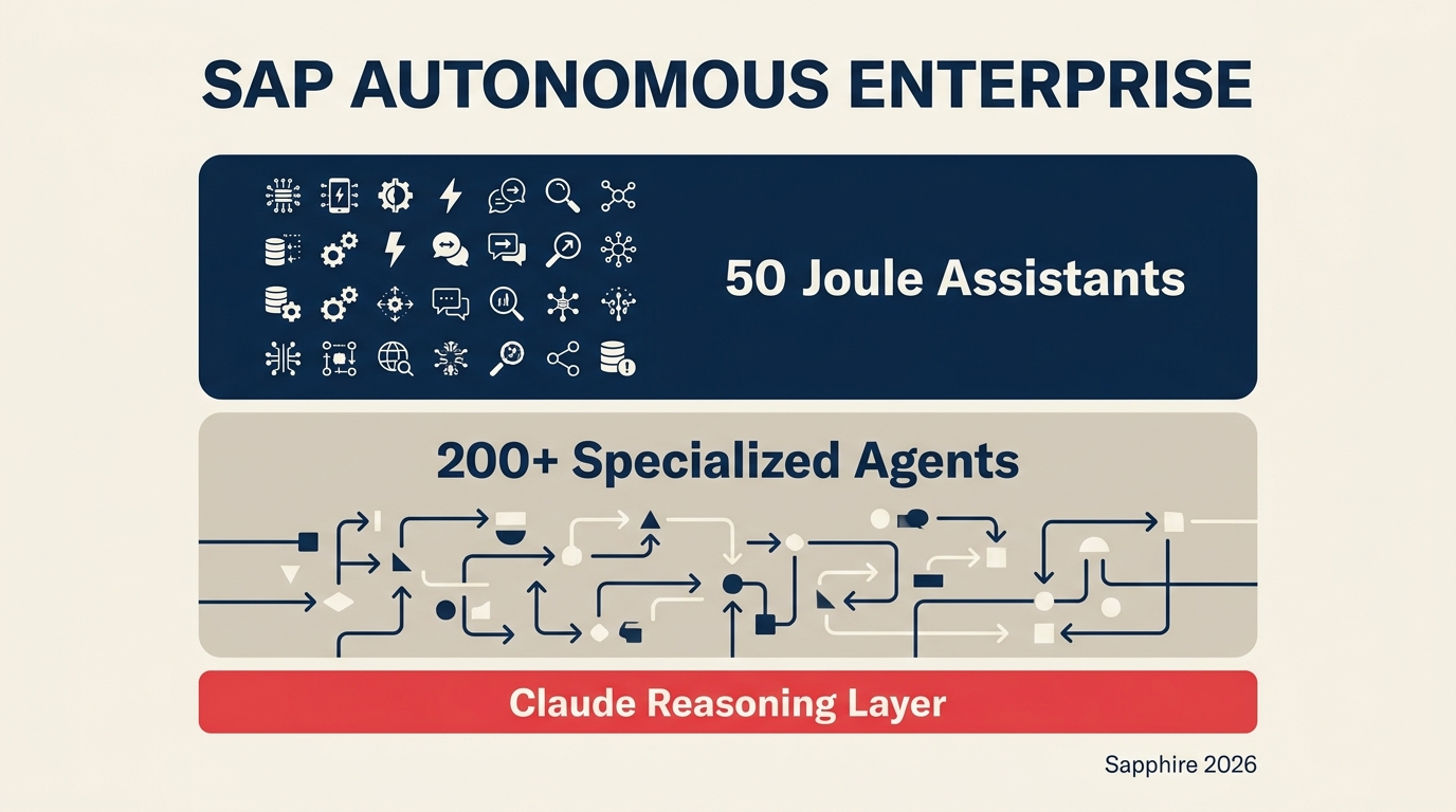 Diagram stack autonomous enterprise SAP Sapphire 2026 menampilkan 50 Joule Assistants di atas 200 agen khusus
