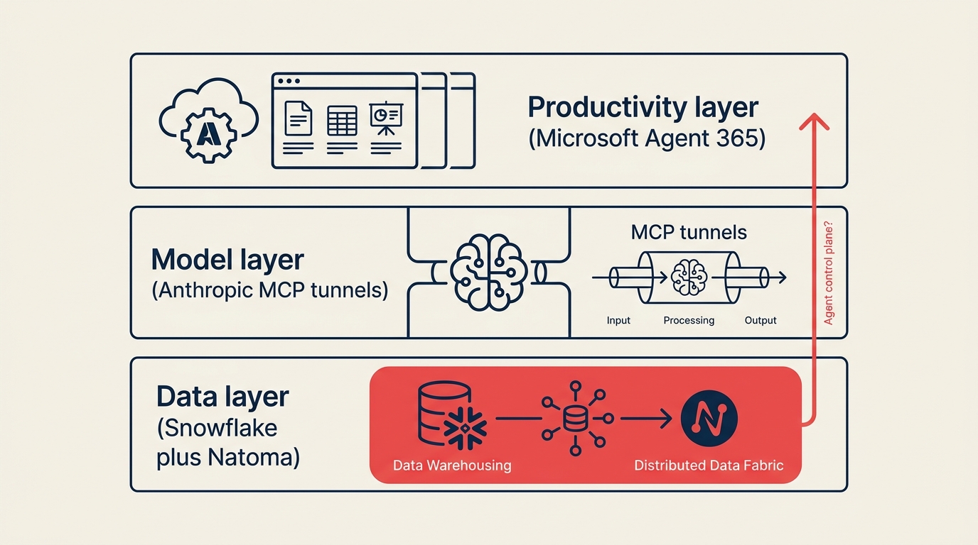 Diagram tiga lapisan control plane MCP dengan Snowflake ditambah Natoma yang menyoroti lapisan data